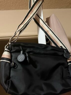 Black Nylon Crossbody Bag with Striped Adjustable Strap